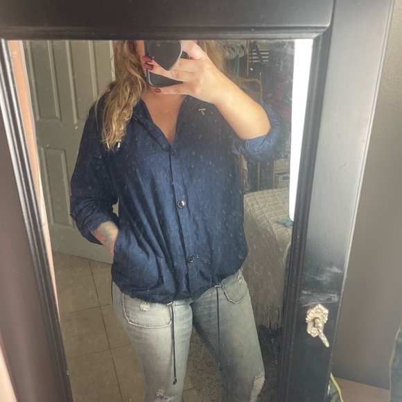 Liz Claiborne Navy Button Up Hooded Jacket Lightweight Linen/ Cotton - Picture 12 of 12